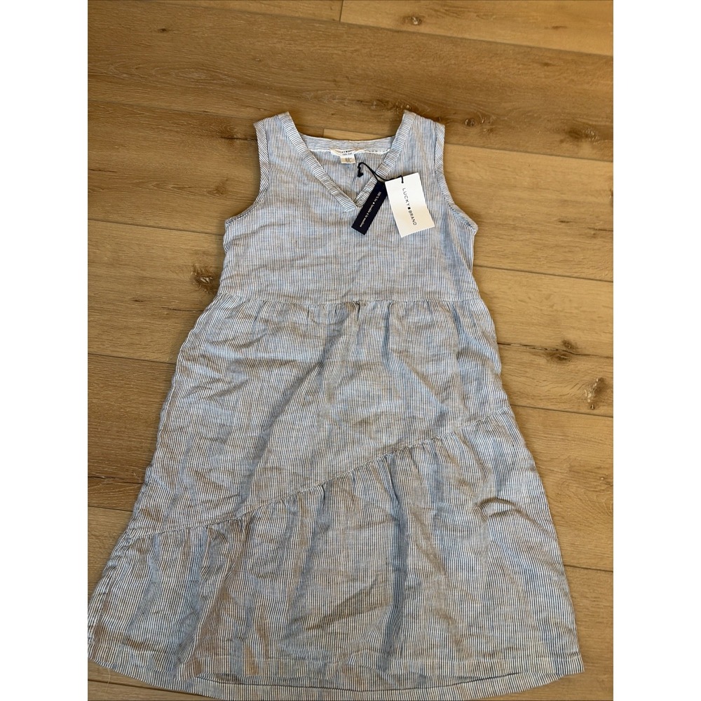 Lucky Brand 100% Linen Dress Blue Striped Tiered Skirt V-Neck Sleeveless Beach